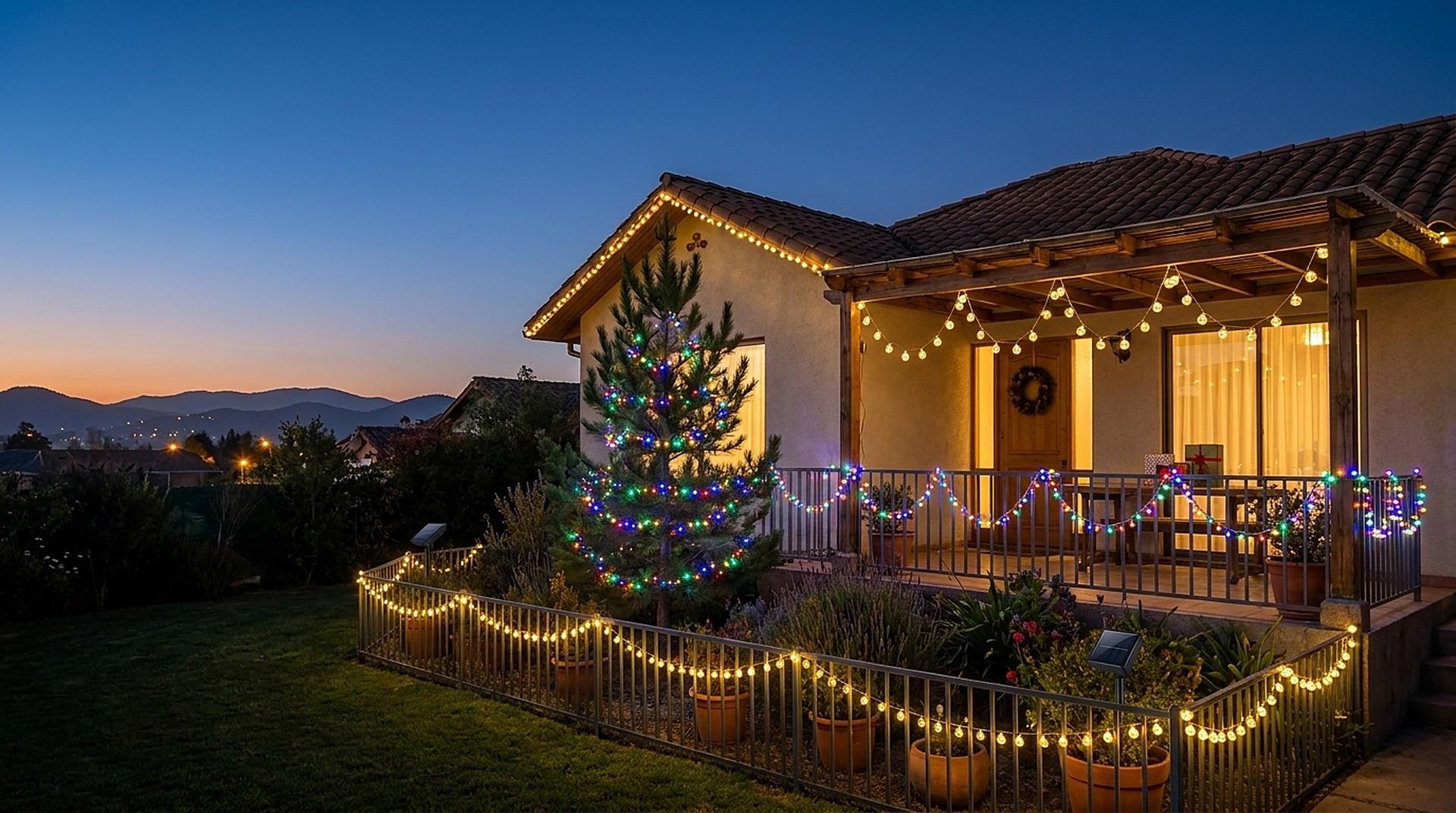 Casa chilena en una noche de verano decorada con guirnaldas solares multicolor y cálidas en el pino, la terraza, la reja y el techo