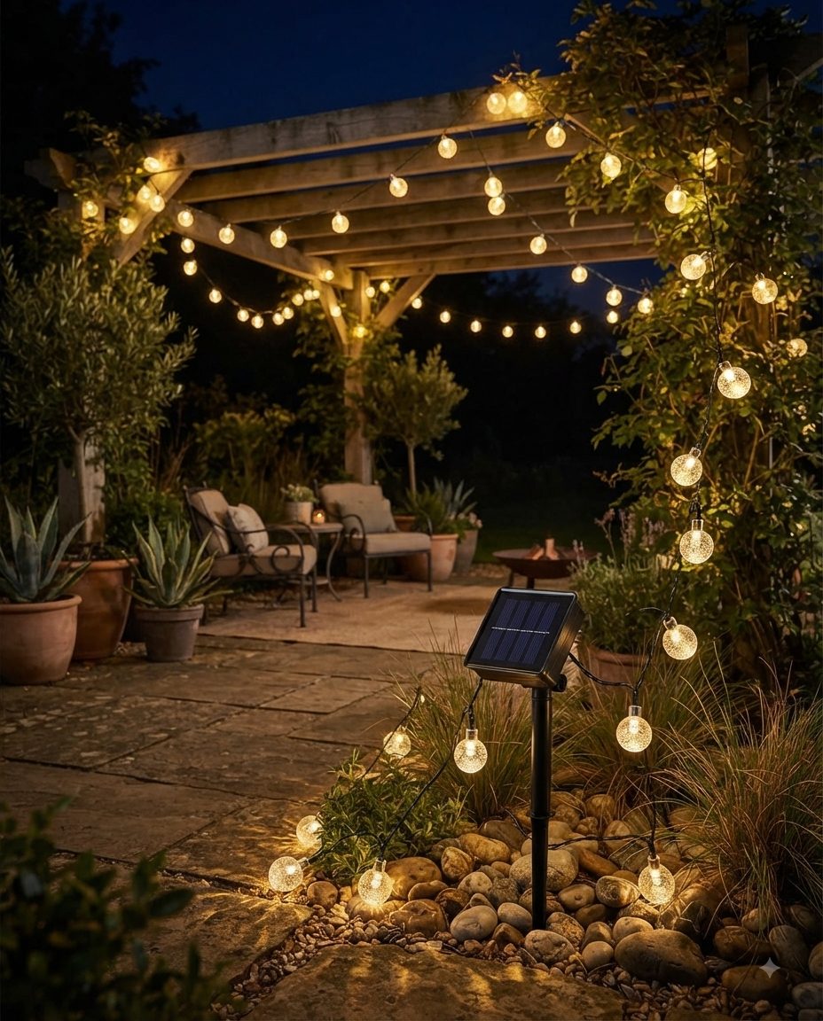 Cadena de luces en patio